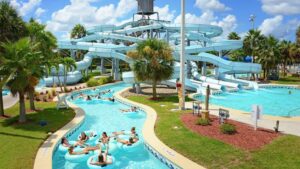 Aerial view of the water slides and lazy river at Sun-N-Fun Lagoon North Naples.